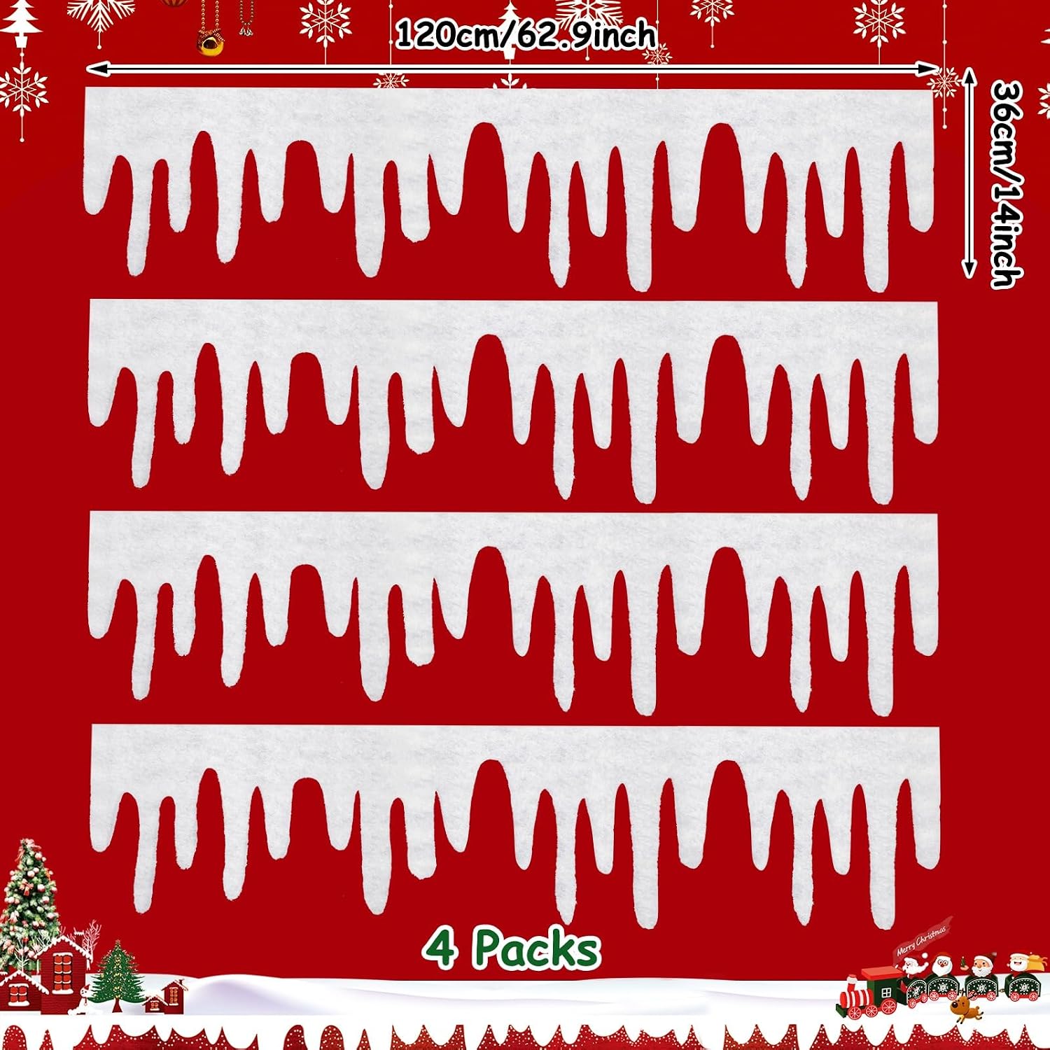 Augshy 4 Piece Icicle Snow Blanket Christmas Decorations, 120 x 36 cm Artificial Snow Mat Roll Snow Cotton Decorations Fake Snow Cotton for Village Fireplace Mantle Cover Xmas Holiday Decor