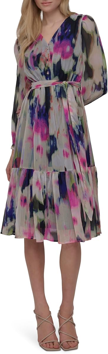 DKNY Women's Long Sleeve V-Neck Tie Waist Midi Dress