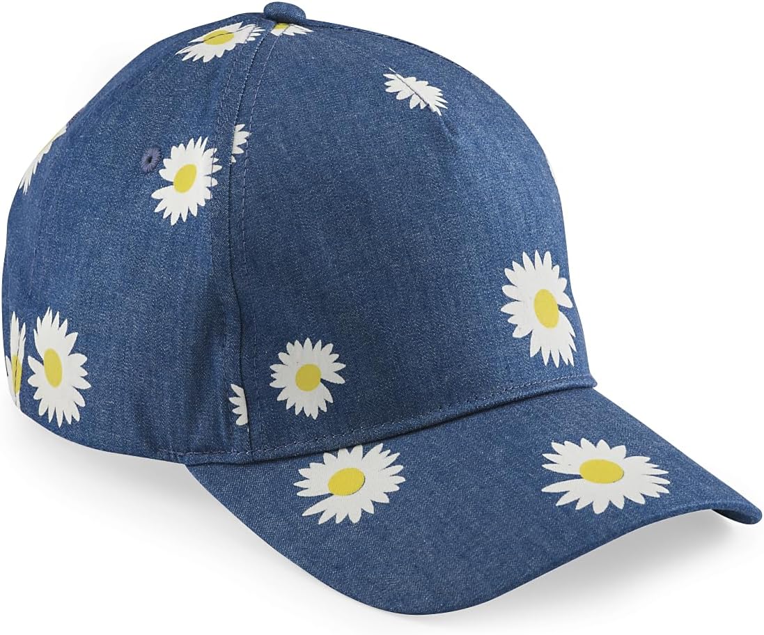 Daisy Denim Baseball Cap, Floral Printed Summer Hat for Women, Adjustable Navy Cotton Twill Sports Ball Cap for Girls