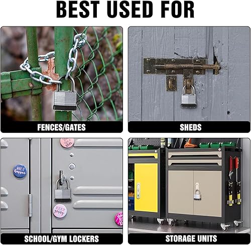 Miniatura 8 de 6 candados con las mismas llaves, acero laminado negro plata (1-916 pulgadas, 1.575 in), grillete normal para cobertizos, puertas, vallas, caja de