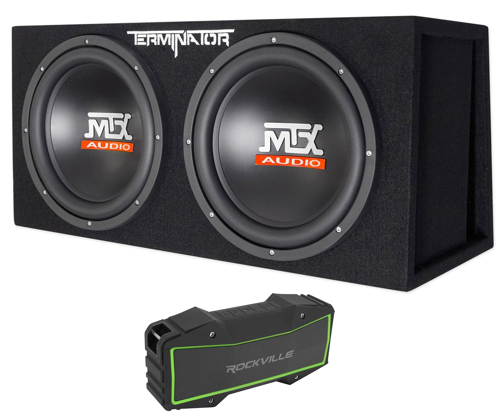 Audiosavings Bundle: (1) Pair Rockville RPB3-BLACK Handheld Wireless Linking Portable Bluetooth Speakers Bundle with (1) MTX Terminator TNE212DV 1000 Watt RMS Dual 12 Subs + Vented Sub Box (3 Items)