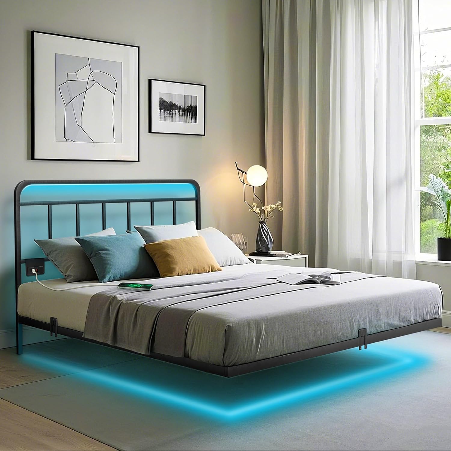 Floating Queen Size Platform Bed Frame with LED Lights & Charging Station - Includes Powered Screwdriver for Assembly, Mattress Fasteners & Corner Pads, Hardened Steel