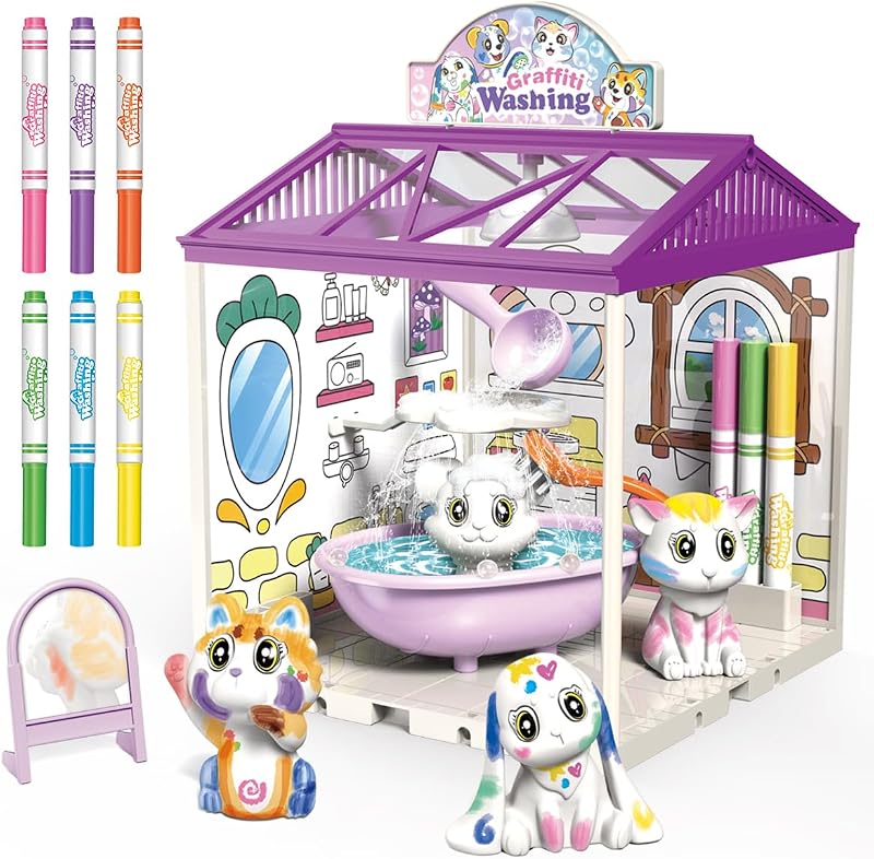Kids DIY Pet Washable Paint Art and Crafts Toys with 4 Pet Figurines | Drawing Toys for Kids, Clean DIY Painting Kit 6 Washable Markers Creative Gift for Kids, Playset for Girls & Boys, Ages 3+