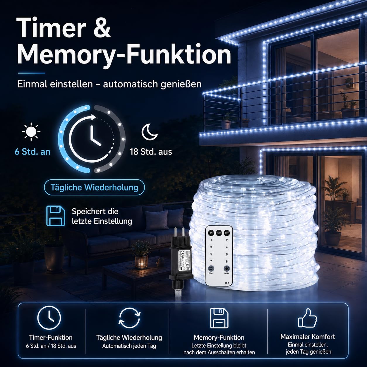Daromigo Tube lumineux 30 m blanc froid, télécommande, intensité variable