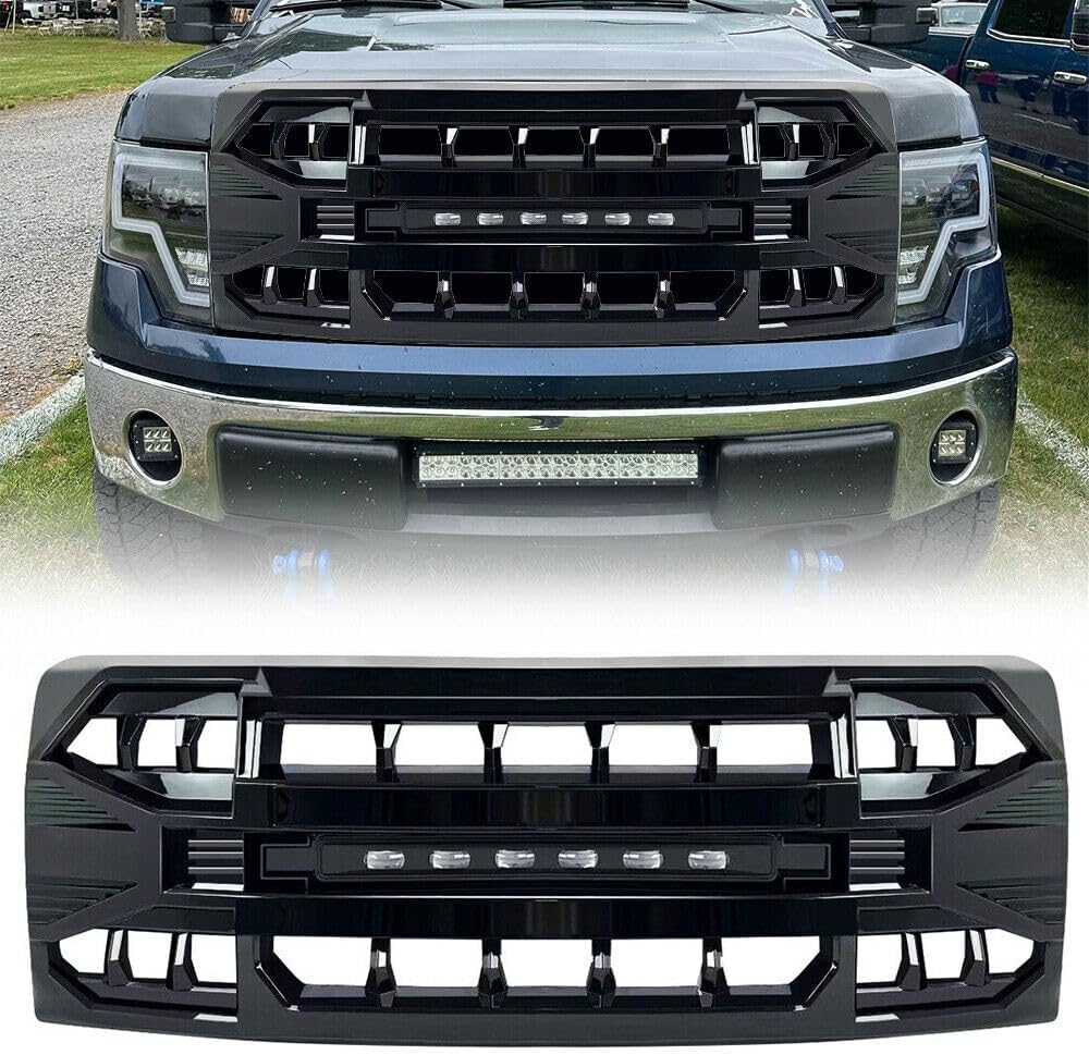 MEGAIE Front Grill Replacement for F150 2009-2014, Glossy Black Front Bumper Grille w/Off-Road Lights