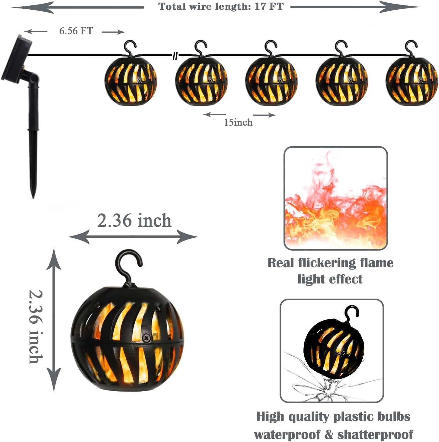 Vigdur Solar Flame Lights Outdoor, 17FT Flickering Flame Solar Lights with 10 LED Globe Bulbs, Outdoor Hanging Patio Light for Garden Backyard Party & Tiki Decor