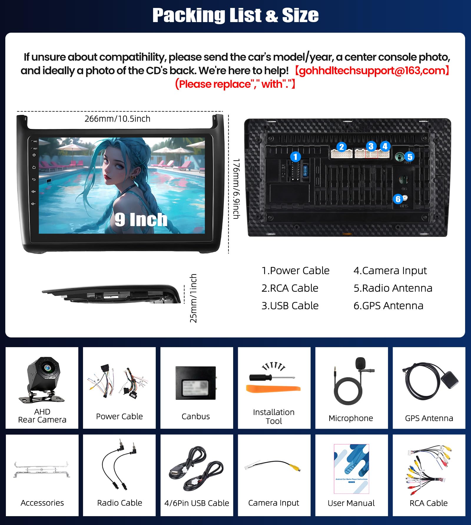 Android 15, 2G+64G CAMECHO Autoradio 2 Din per VW Polo 6R 6C 9N 2008-2016 Carplay Android Auto, Touch Schermo da 9-Pollici con GPS WiFi EQ Bluetooth FM/RDS SWC + Telecamera posteriore + Microfono