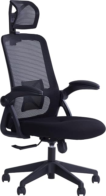 Realm of Thrones CAPTAIN Ergonomic Office Chair, Mesh Back Heavy Duty Home Office Desk Chair with Flip-up Armrests, Saddle-inspired Seat Cushion, Adjustable Lumbar Back Support/Headrest (Black)