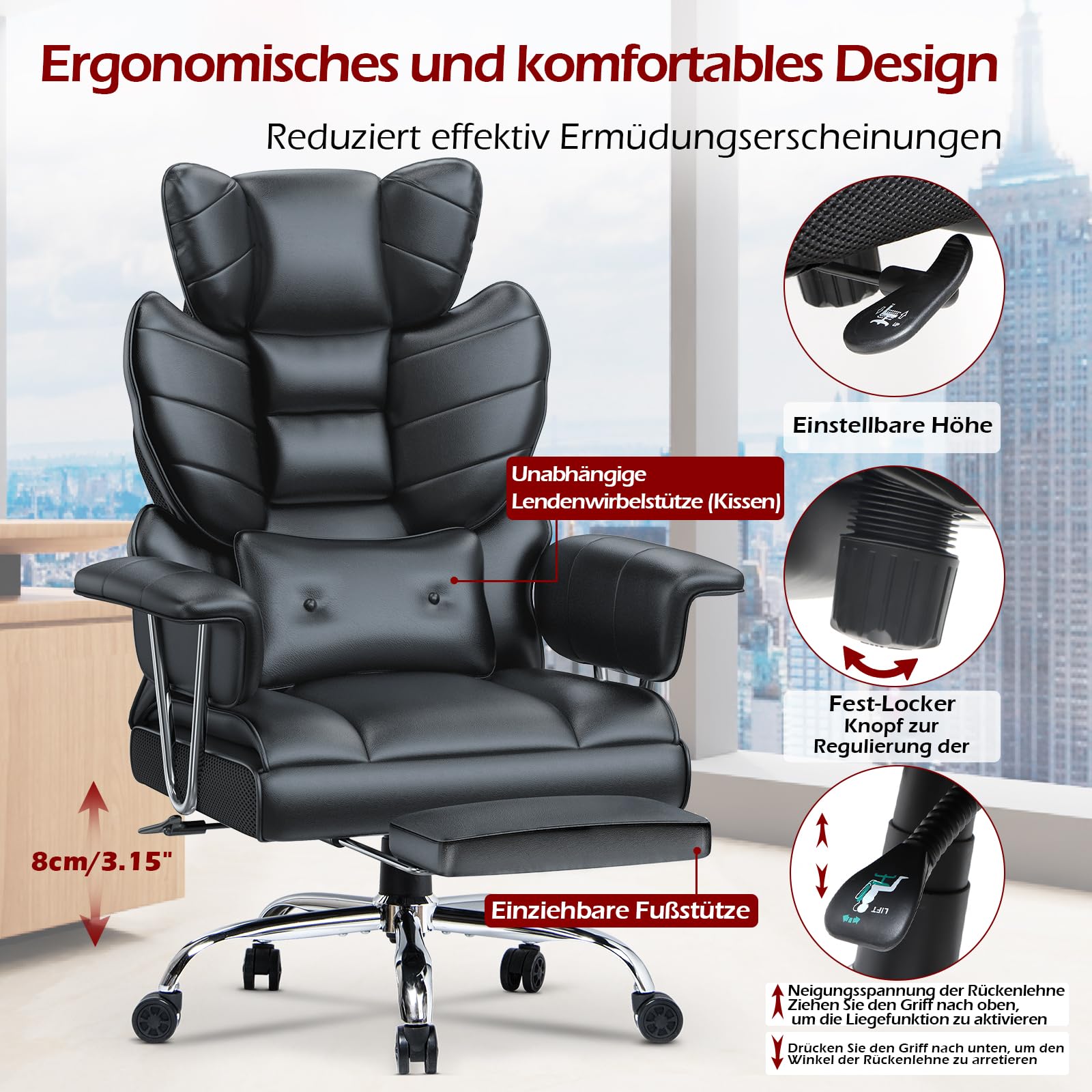 Racingreat Ergonomischer Bürostuhl mit ausziehbarer Fußstütze, Höhenverstellbarer Schreibtischstuhl, Große weiche Rückenlehne, Individuelle Lendenwirbelstütze, Chefsessel aus PU-Leder,Schwarz