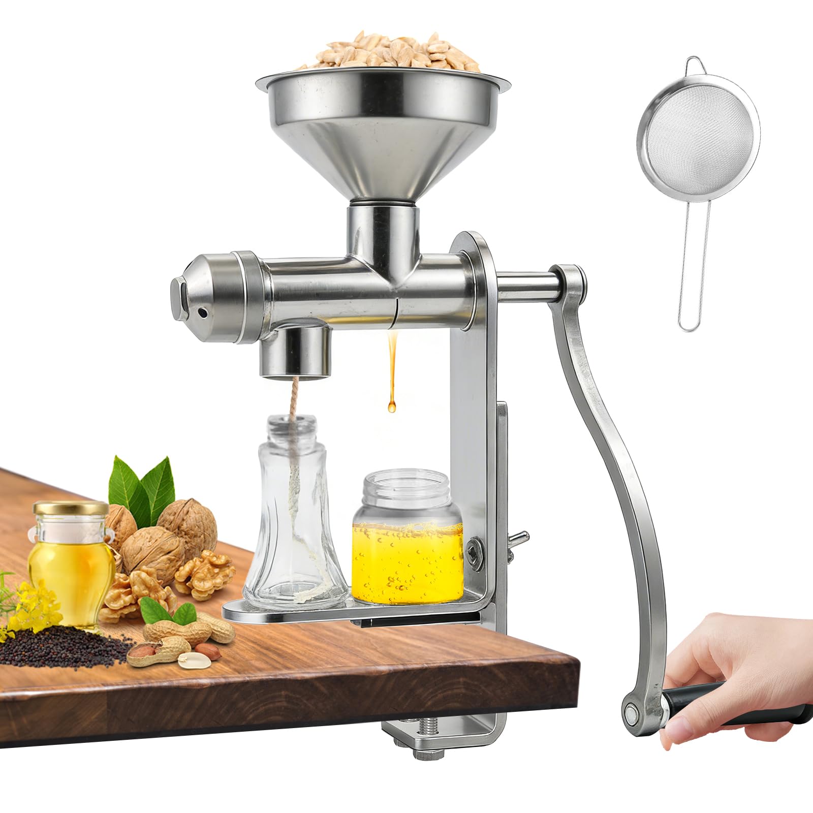 Manual Oil Press Machine with Filter Strainer, Stainless Steel Hand Oil Extractor for Home Use, for Peanut Sunflower Nuts Seeds, No Electricity Required, Household Cold Press Tool