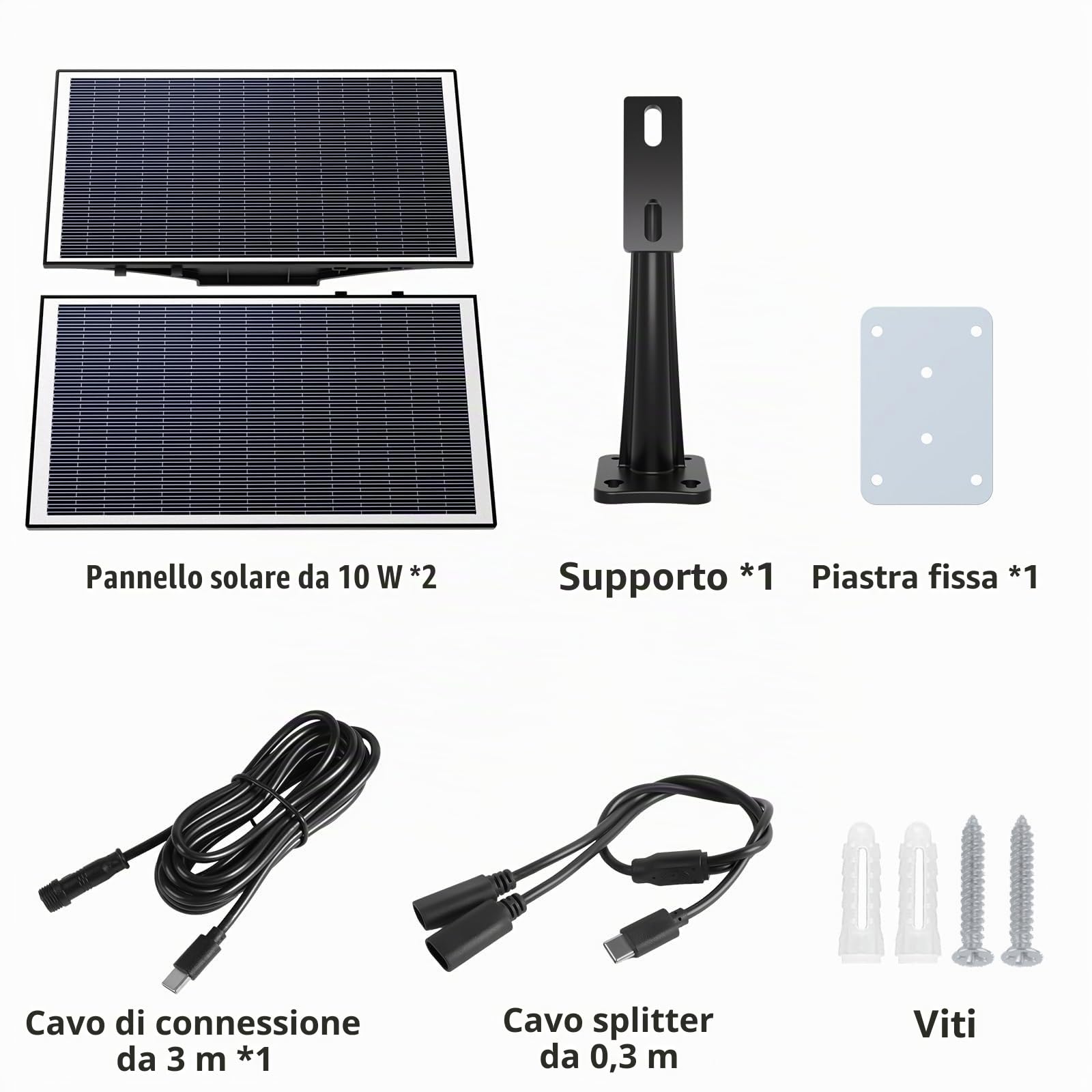 Xega Pannello Solare 20W per Batteria di Telecamere di Sorveglianza da Esterno, Interfaccia Type-C, Connessione con Cavo 3 metri, Nero