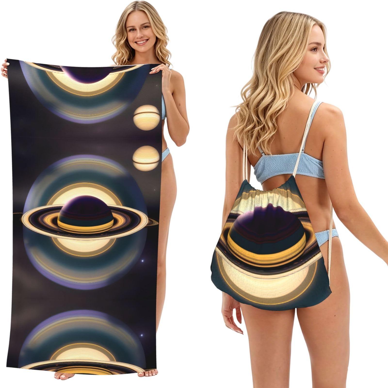 SXZVVBN Beautiful Saturn 2-in-1 Beach Towel Bag, Quick Dry Sand Free Travel Towel Backpack for Adults