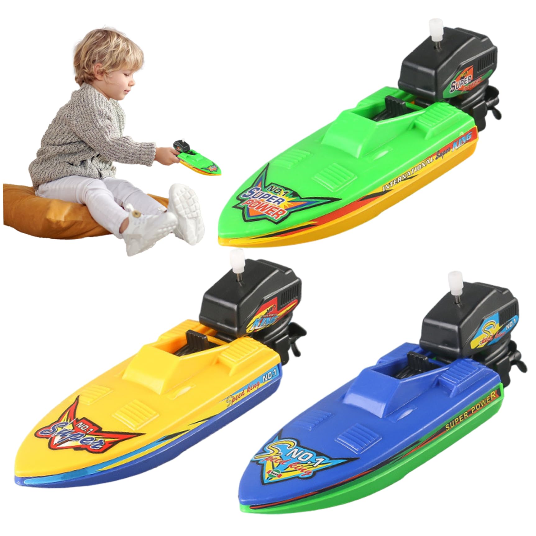 Barco de Juguete 3 Piezas de plástico Flotante Barco a Motor de Cuerda Juguete de baño para bañera Juego de Agua de