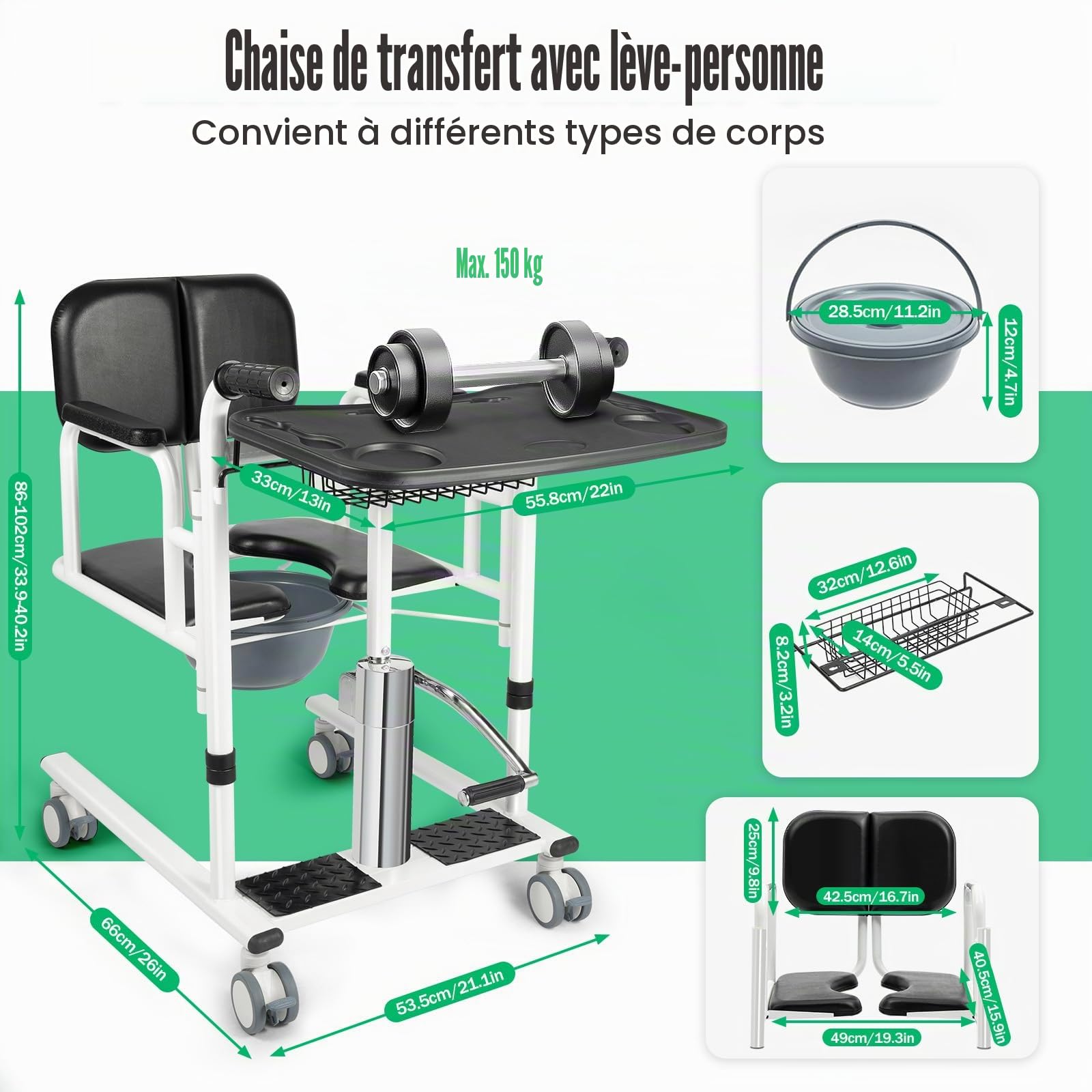 Chaise De Transfert Hydraulique Pour Patients, RéGlable En Hauteur Avec Plateau De Table, Rulettes Verrouillables Et SièGe Divisé à 180 °, Chaise De Douche Pour Personnes âGéEs Et Handicapées (Noir)