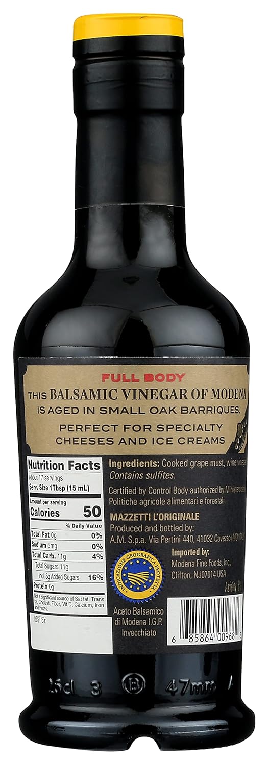 Mazzetti Aged 3 Years Balsamic Vinegar of Modena Black Label PGI |Sweet & Thick | Perfect for Cheese & Fruit | Aged in Oak Barrels | 8.45 Ounce Bottle (Pack of 2)