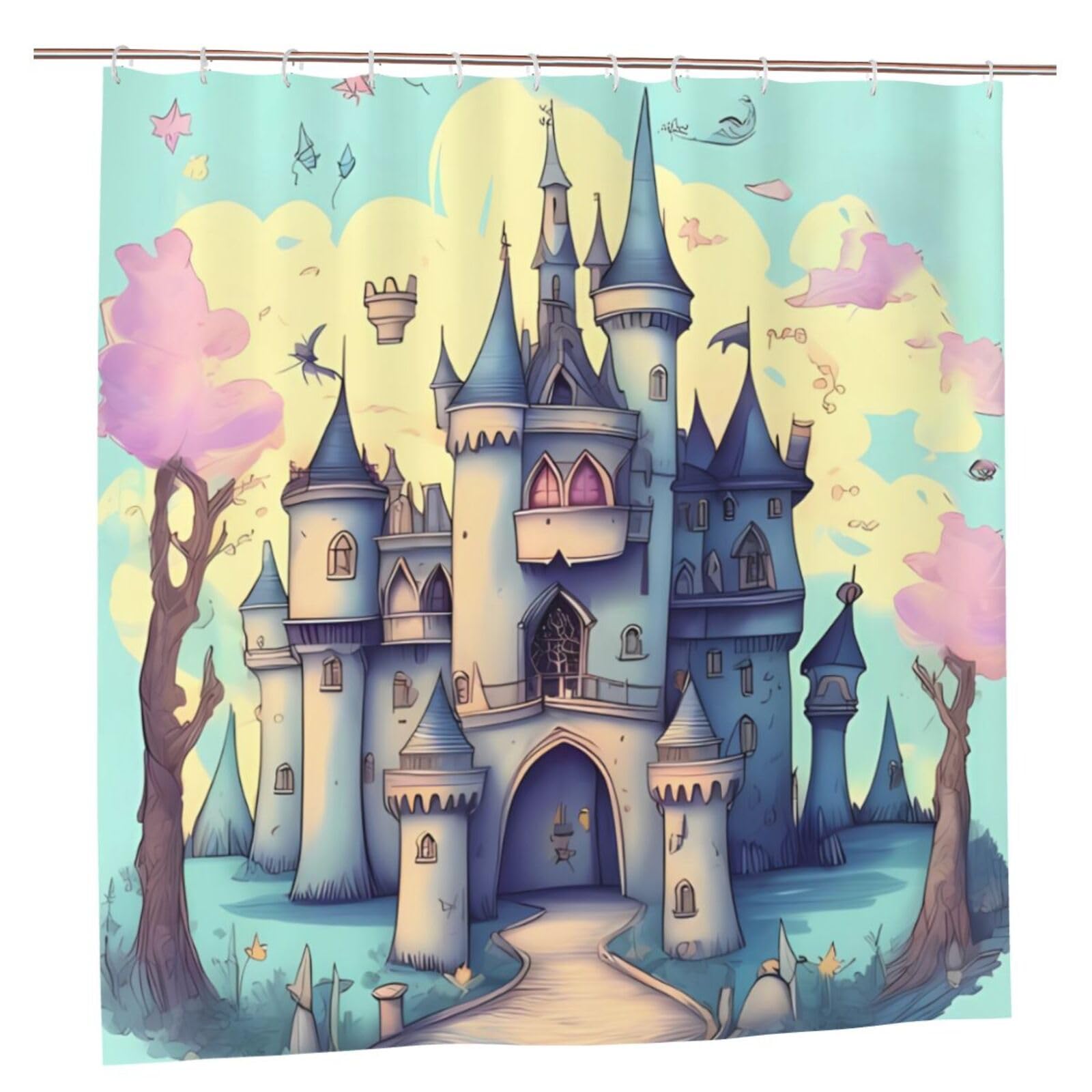 Rideau de douche lavable anti-éclaboussures motif château féerique