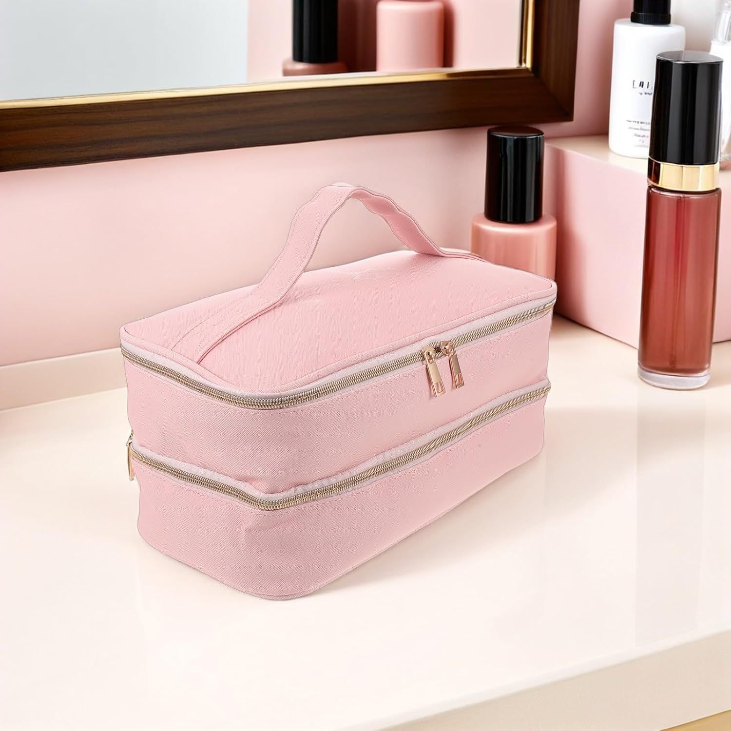 Ipetboom Double Layer PU Hair Tool Storage Bag for Hairdryer Pink