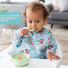 Bumkins Disney Sleeved Bib for Girl or Boy, Baby and Toddler for 6-24 Mos, Essential Must Have for Eating, Feeding, Baby Led Weaning Supplies, Long Sleeve Mess Saving Food Catcher, Soft Fabric, Ariel