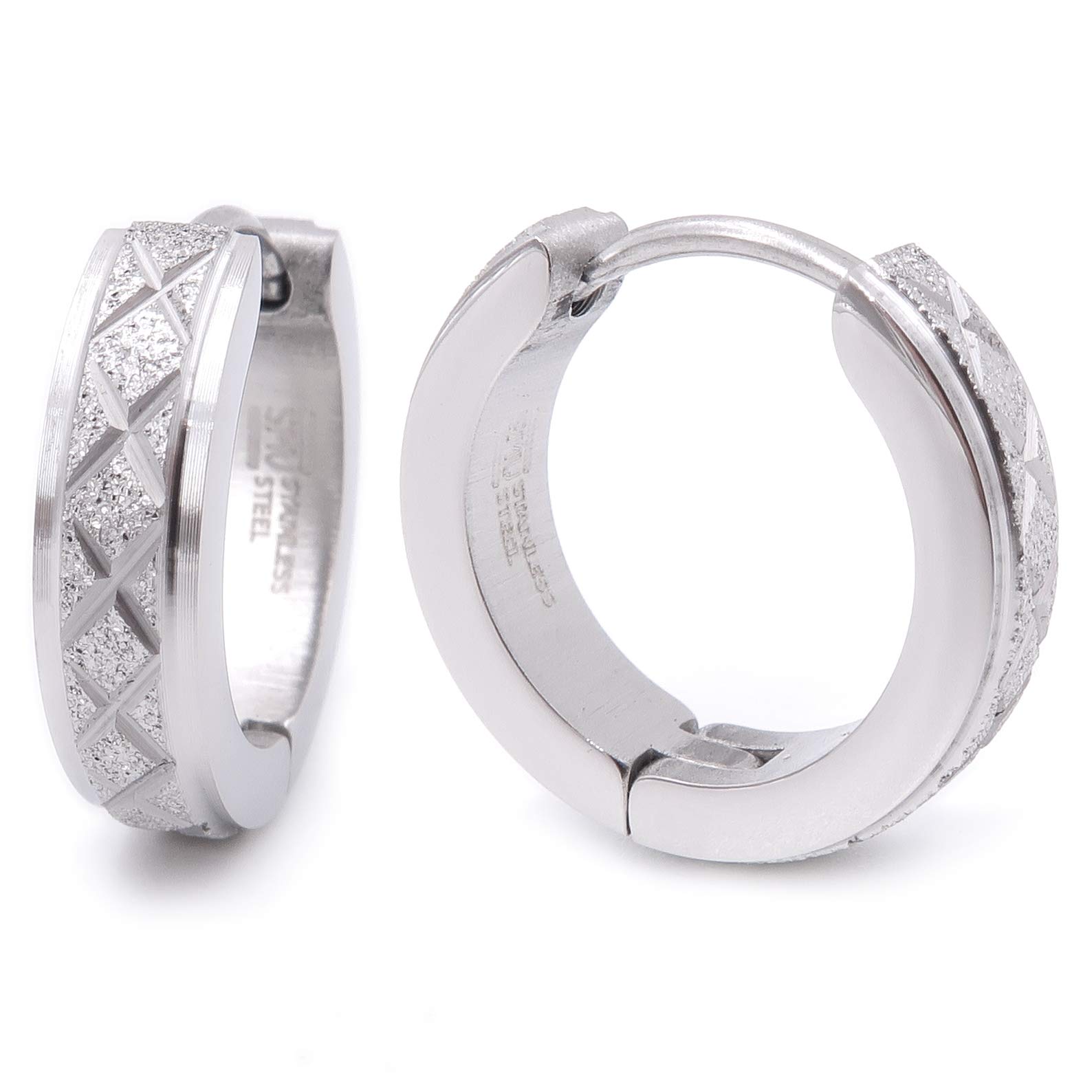 Stainless Steel Mens Hoop Earrings Cross Stripe Gold-tone Black Silver-tone Bevel Edge 16mm