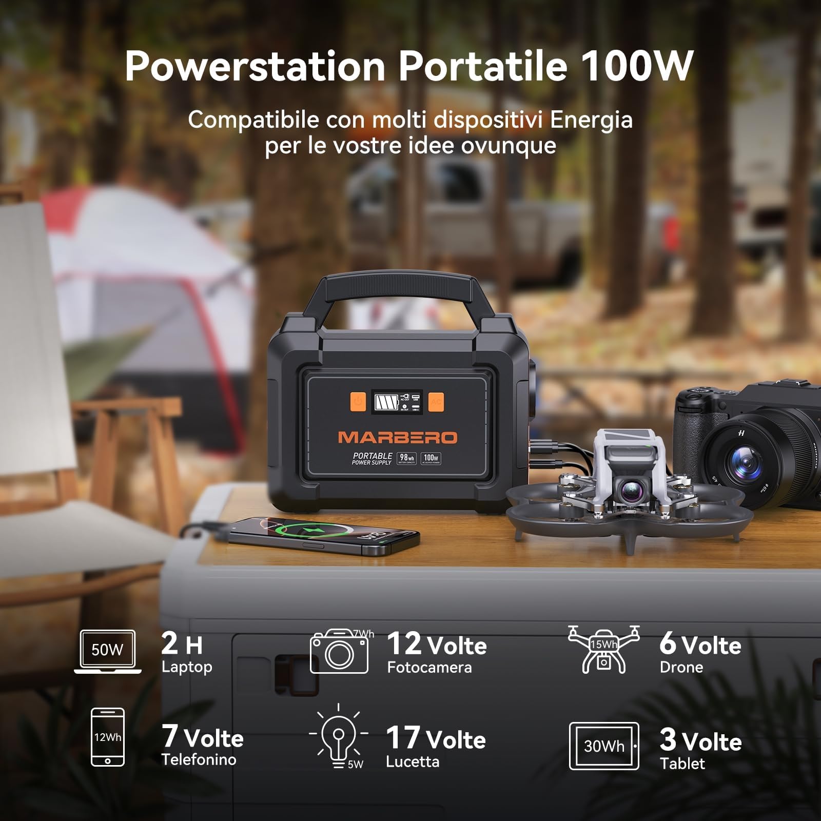 MARBERO Centrale Elettrica Portatile 26,400mAh con Pannello Solare Pieghevole da 30W Power Station 150W con Uscite DC per Strada, Avventura, Campeggio, Casa, Interruzione di Corrente
