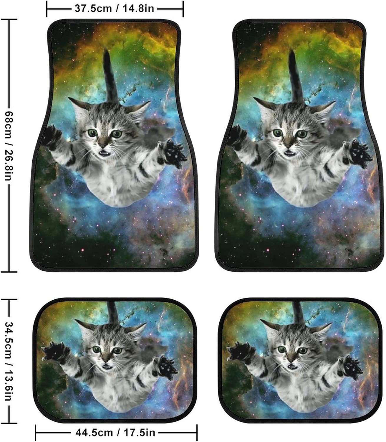 Diagram showing the dimensions of the Delerain Starry Sky Cat front and rear car floor mats.