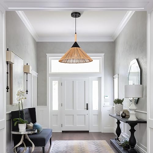 Miniatura 7 de Darkaway Lámpara colgante de ratán, estilo bohemio, de 16 pulgadas, grande, hecha a mano, lámpara colgante ajustable para casa de campo, lámpara de