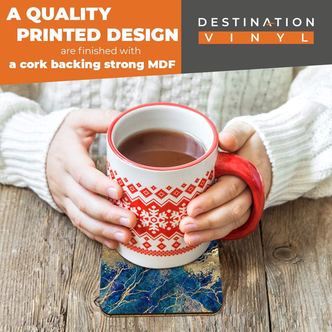 Great Coasters (Set Of 2) Square/Glossy Quality Coasters/Tabletop Protection For Any Table Type - Marbled Art Effect Blue Gold Marble #21152