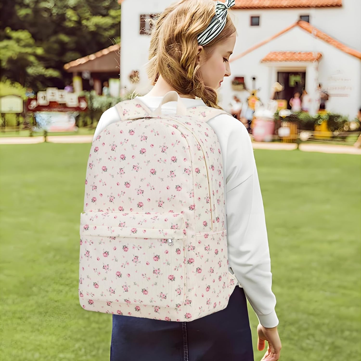 Octsky School Backpack for Girls Teens Corduroy Bookbags with Lunch Box, Women Travel Daypacks, Pink Flowers - Image 3