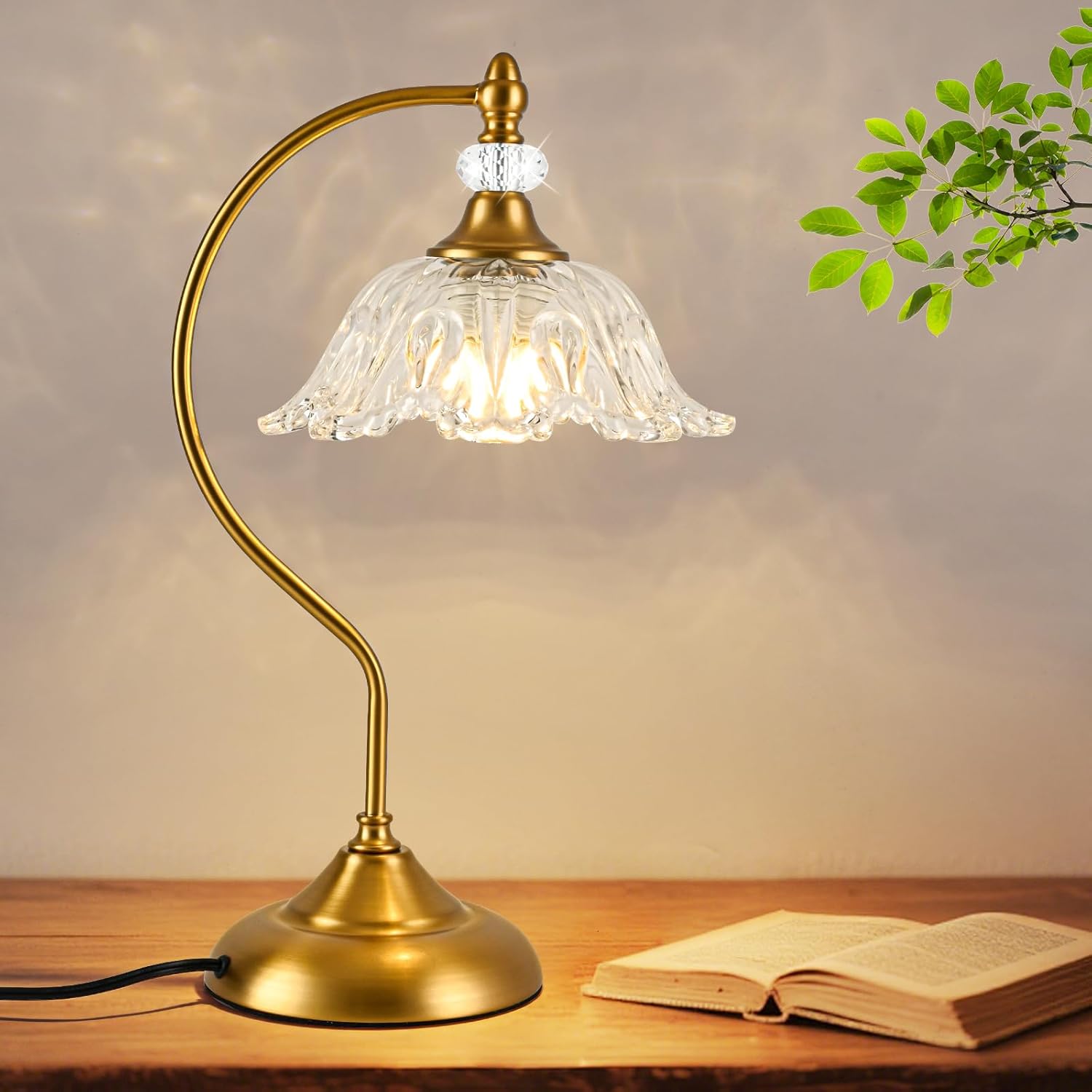Vintage Table Lamp with a Floral Clear Glass Shade, A Plug-in Nightstand Lamp in Matte Brass Finish for Bedroom, Living Room,Office, and Desk