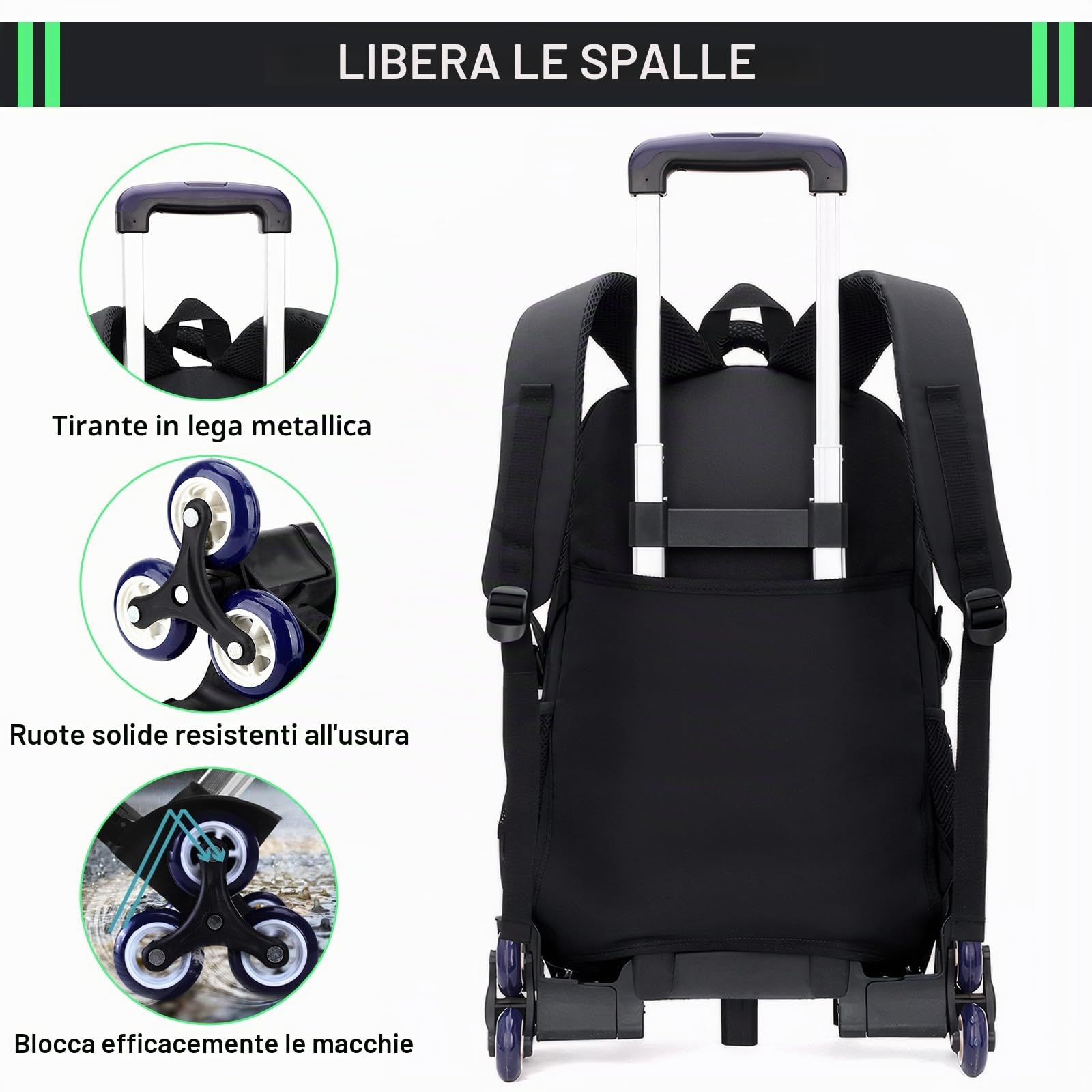 Amythe Zaino Scuola Trolley per Bambini Ragazzi, Zainetto con Carrello e Maniglia Telescopica per Viaggi, 6 Ruote, Zaini per Elementare e Medie per Adolescenti di 9-16 anni, Nero