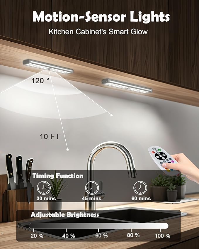 SZOKLED SZOKLED 58-LED Motion Sensor Under Cabinet Lights Wireless, RGB Closet Light Night Lights Remote, 1100mAh Rechargeable Under Cabinet Lighting Counter Lights for Indoor Kitchen, Stair (6 Packs) photo 5