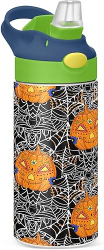 Miniatura 1 de Botella de agua para niños y niñas, con diseño de calavera de azúcar de Halloween, con pajilla, botella de agua aislada de acero inoxidable, termo