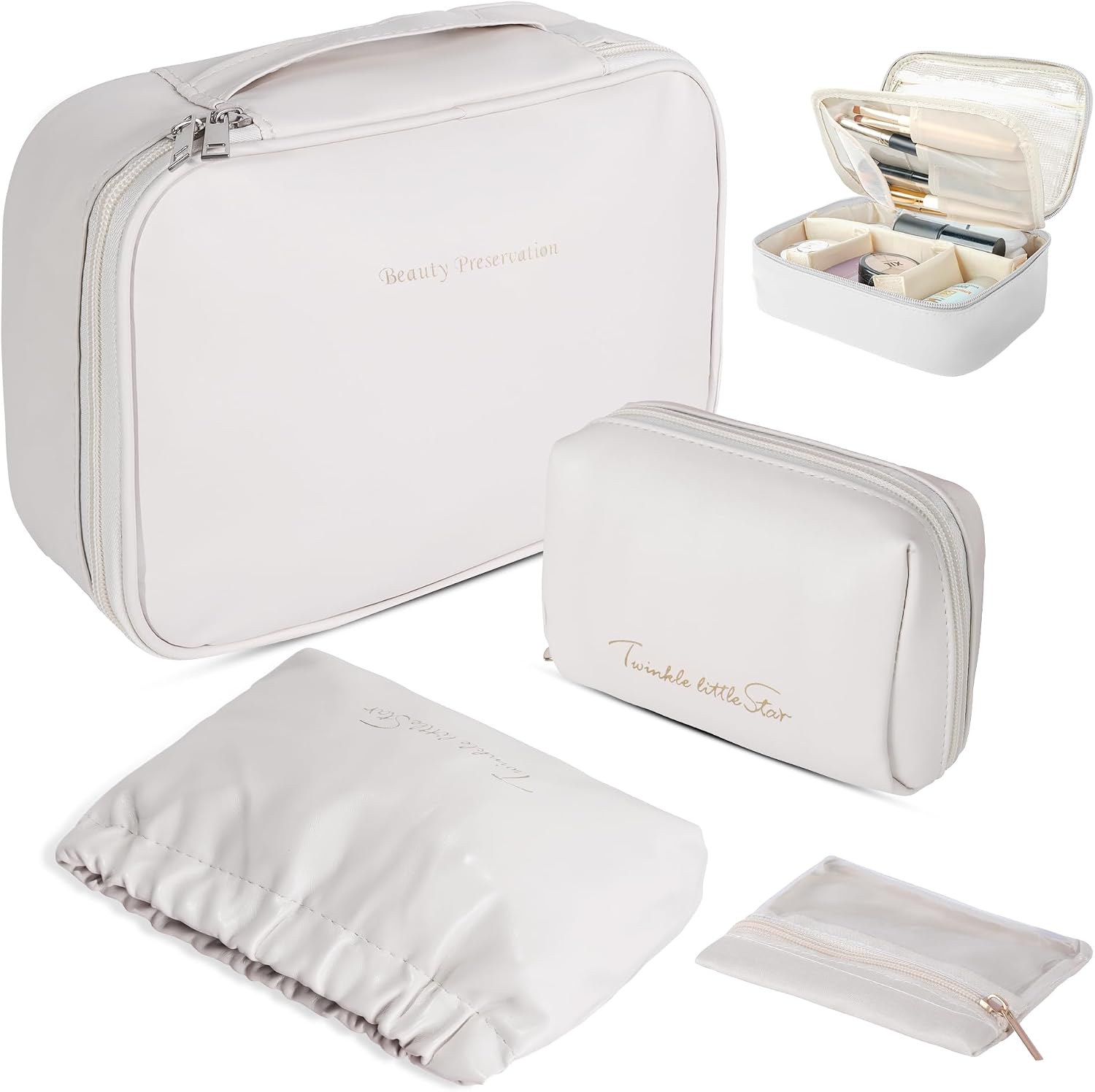 Travel Makeup Bags Set, 4 Pcs PU Leather Cosmetic Organizer Bag with Jewelry bag, Large Make Up Cosmetic Bag with Divider and Handle, Portable Travel waterproof Vanity Bag for Women Girl (Off-white)