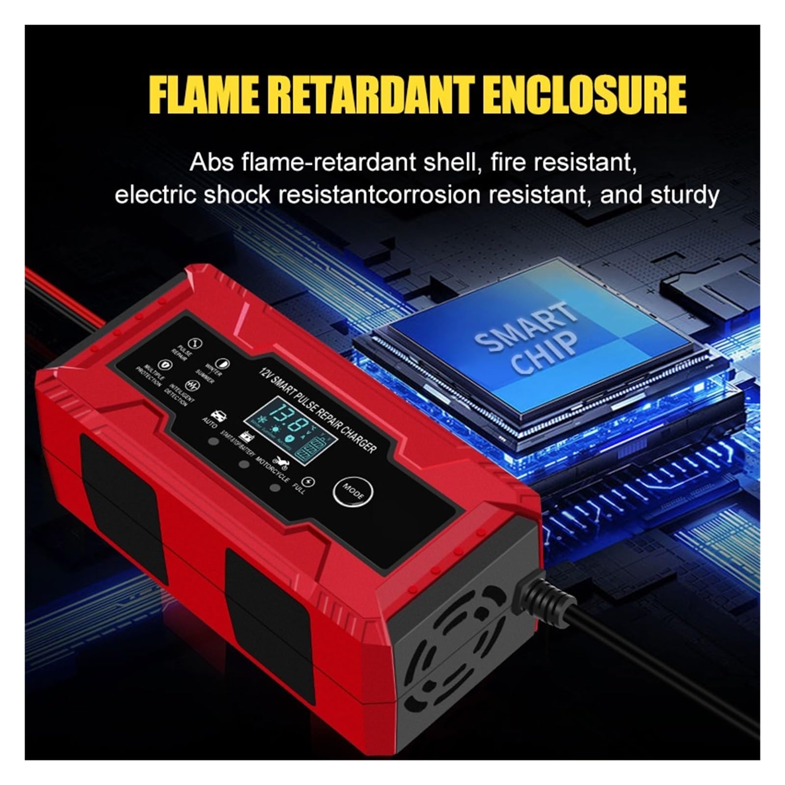 Ładowarka Samochodowa 6A 12V Inteligentna Automatyczna Szybka Moc Ładowania Naprawa Impulsów Mokry Suchy Kwasowo-ołowiowy Wyświetlacz LCD Do Motocykla Wydajne Szybkie ładowanie(Red)