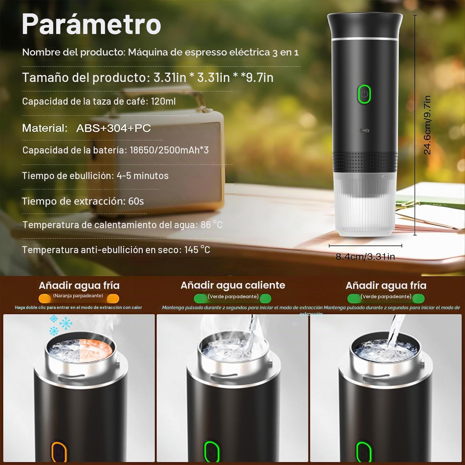 VHV Cafetera Portatil, Cafetera Portátil Cápsula de Espresso 3 en 1, Autocalentamiento de 2a6 Minutos, Para Cápsulas Pequeñas o Grandes y Café Molido,Cafetera Portátil para Oficina y Hogar (Blanco)