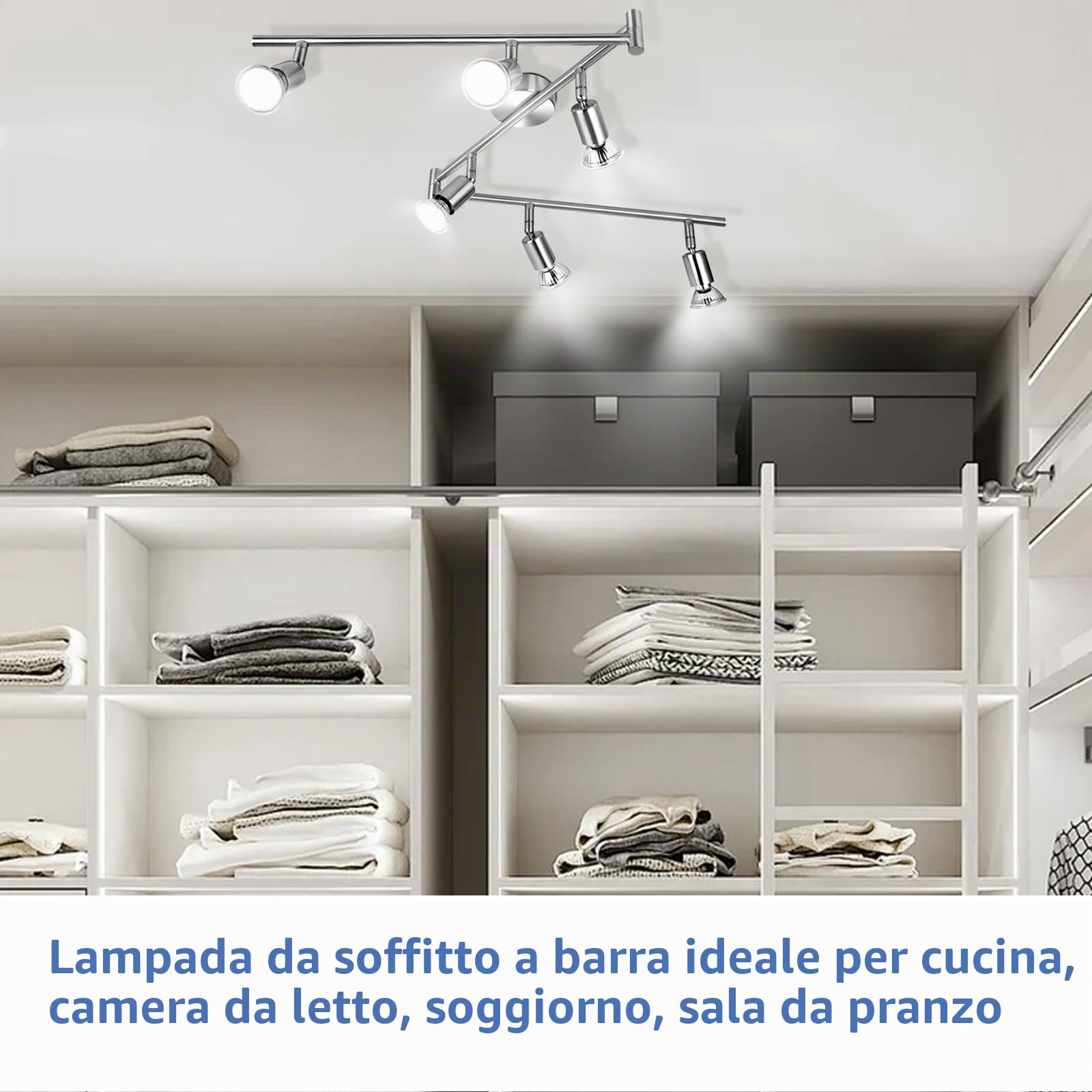 wowatt Faretti da Soffitto 6 Luci LED Lampadina Gu10 Bianca Fredda 6000K 5W | Lampadario Faretti Orientabili Cromati, Binario Lampada LED Soffitto Moderna per Soggiorno, Cucina, Corridoio, Salotto, Bagno