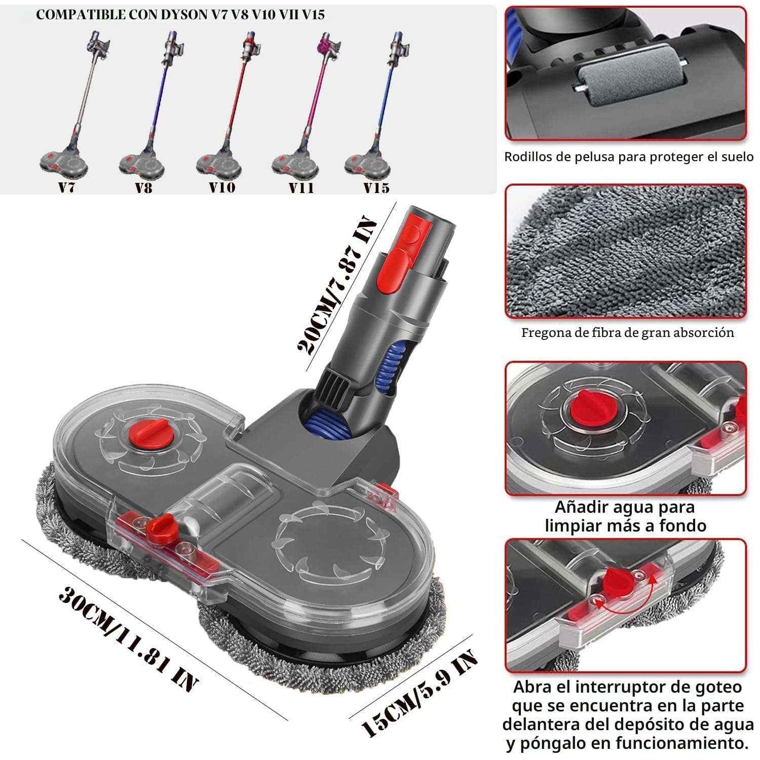 Eléctrica Cabeza de Mopa Accesorio Reemplazo Compatible con Dyson V7 V8 V10 V11 V15, Cabezal de Trapeador Eléctrica, con 150 ml Tanque de Agua con 6 Almohadillas de Trapeador