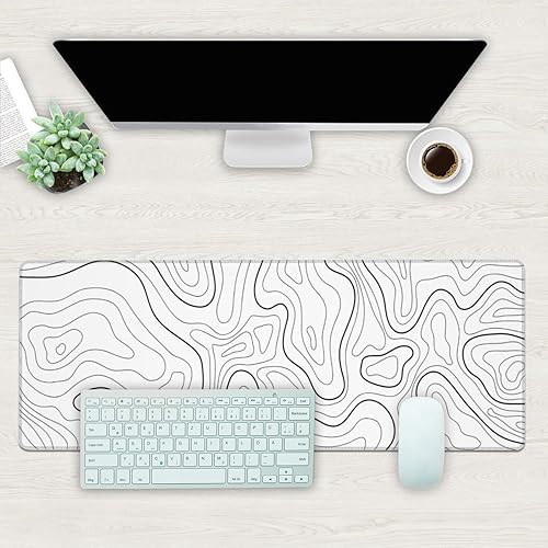Miniatura 2 de Alfombrilla de escritorio, mapa de contorno topográfico blanco extendido, alfombrilla grande de 31.5 x 11.8 pulgadas para mouse pad grande con base
