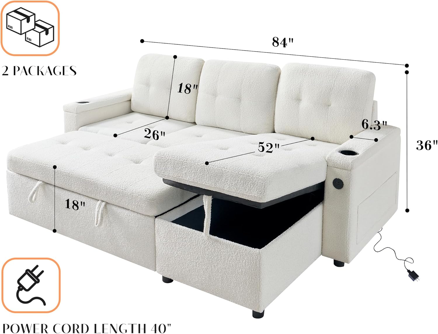Diagram showing the dimensions of the VanAcc Sofa Bed, including height, width, depth, seat depth, and power cord length.