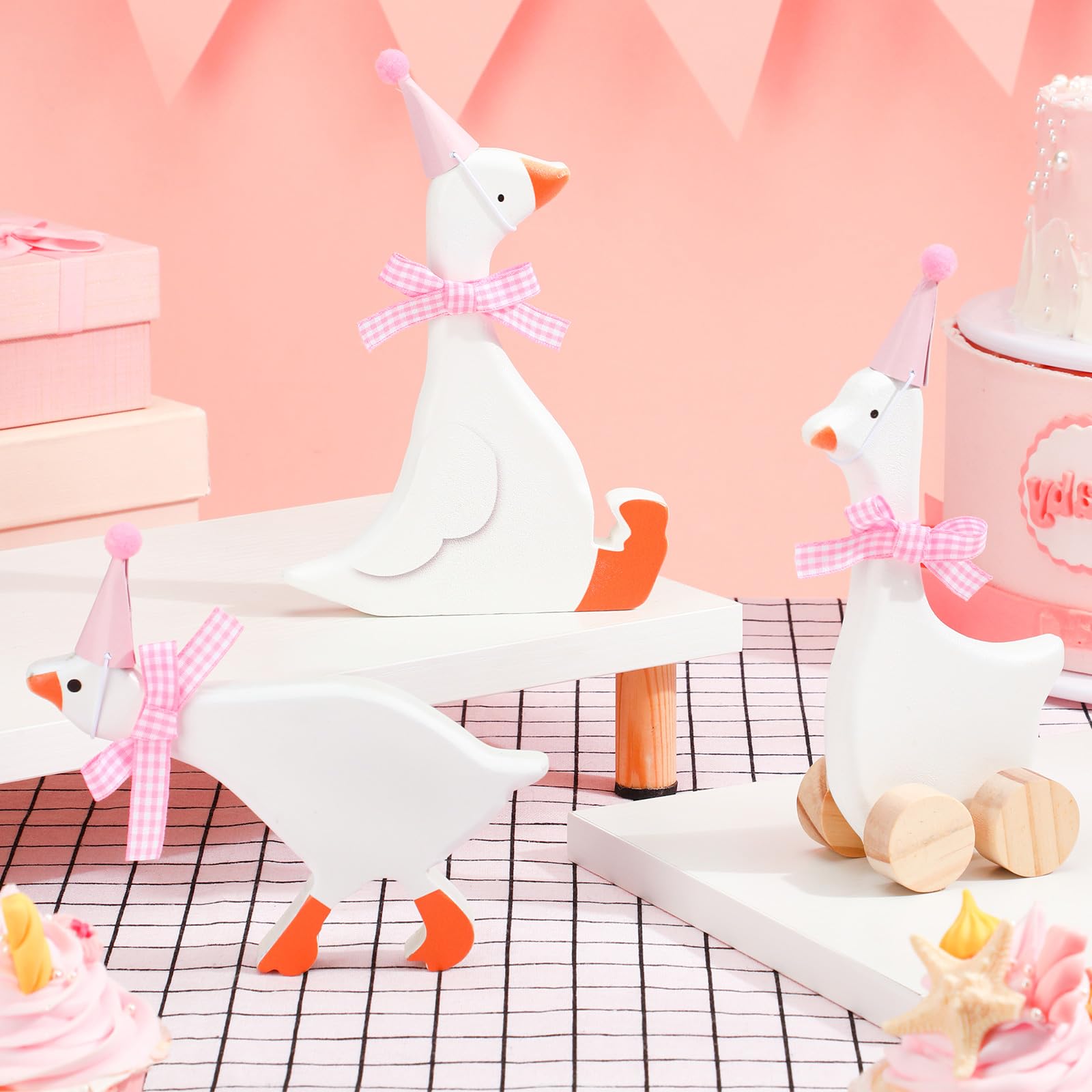 Photo 1 of Leinuosen 3 Set One Silly Goose Birthday Decorations 6 Inch Silly Goose Birthday Table Centerpiece Funny 1st Party Supplies Wooden Geese Push Pull Figurine Shelf Table Decor for Baby Shower(Pink)