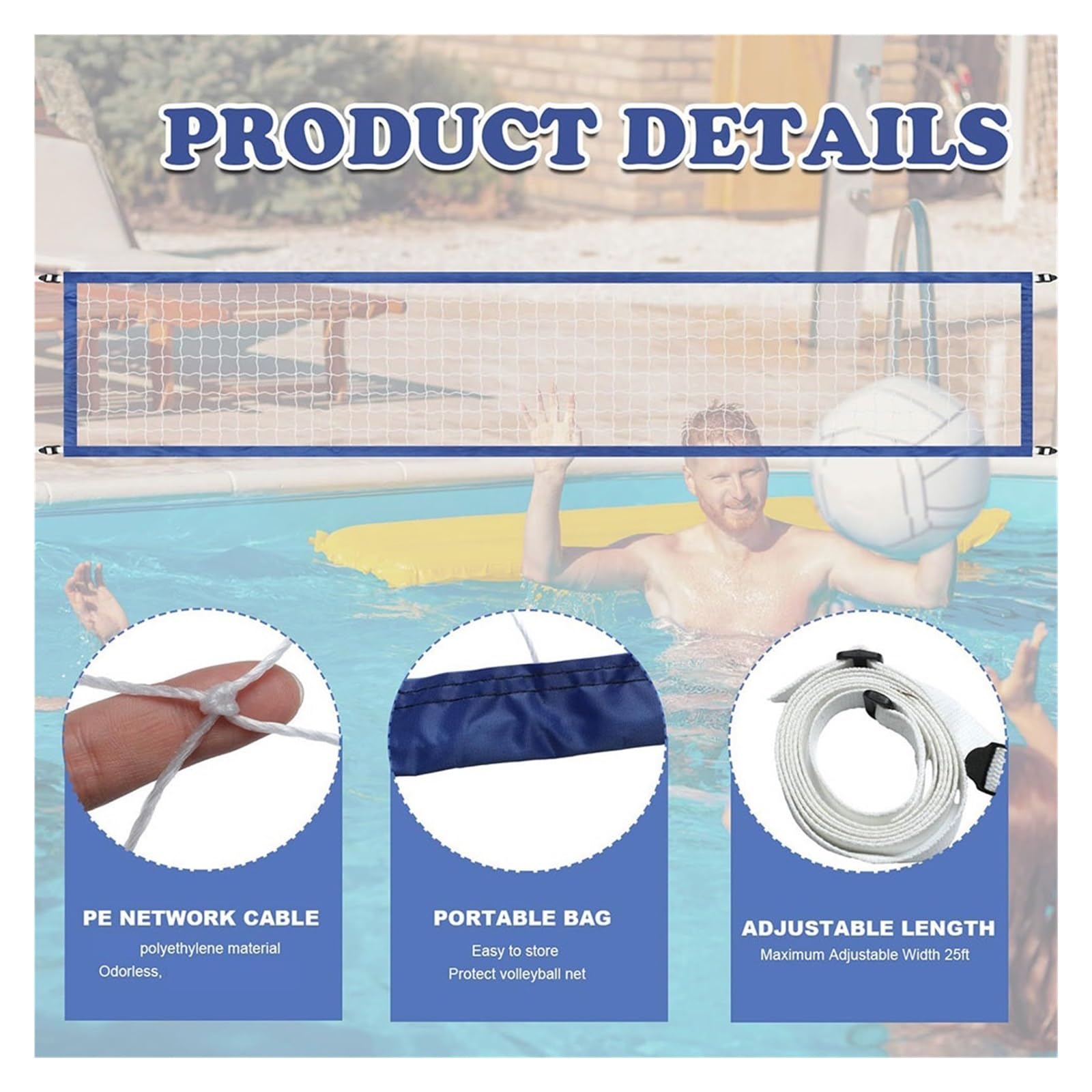 Filet de Volley-Ball de Remplacement for Piscine 4,5 m x 90 cm avec Sac de Transport, Portable et réglable, for Piscine extérieure et Plage pour Piscine