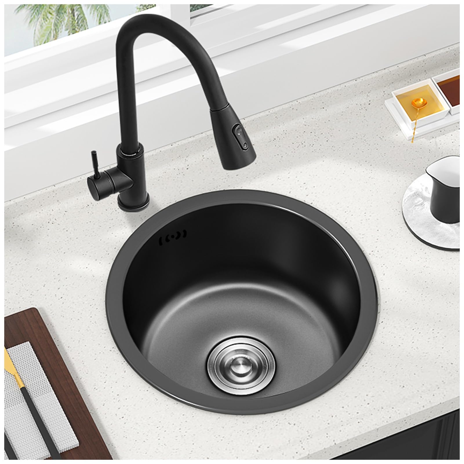 WIQUYBML Round Stainless Steel Kitchen Sink,Mini Bar Sink,Household Vegetable Washing Basin,Topmount Or Undermount Sink,Installation With Drainage Kit(Black,36x36cm)