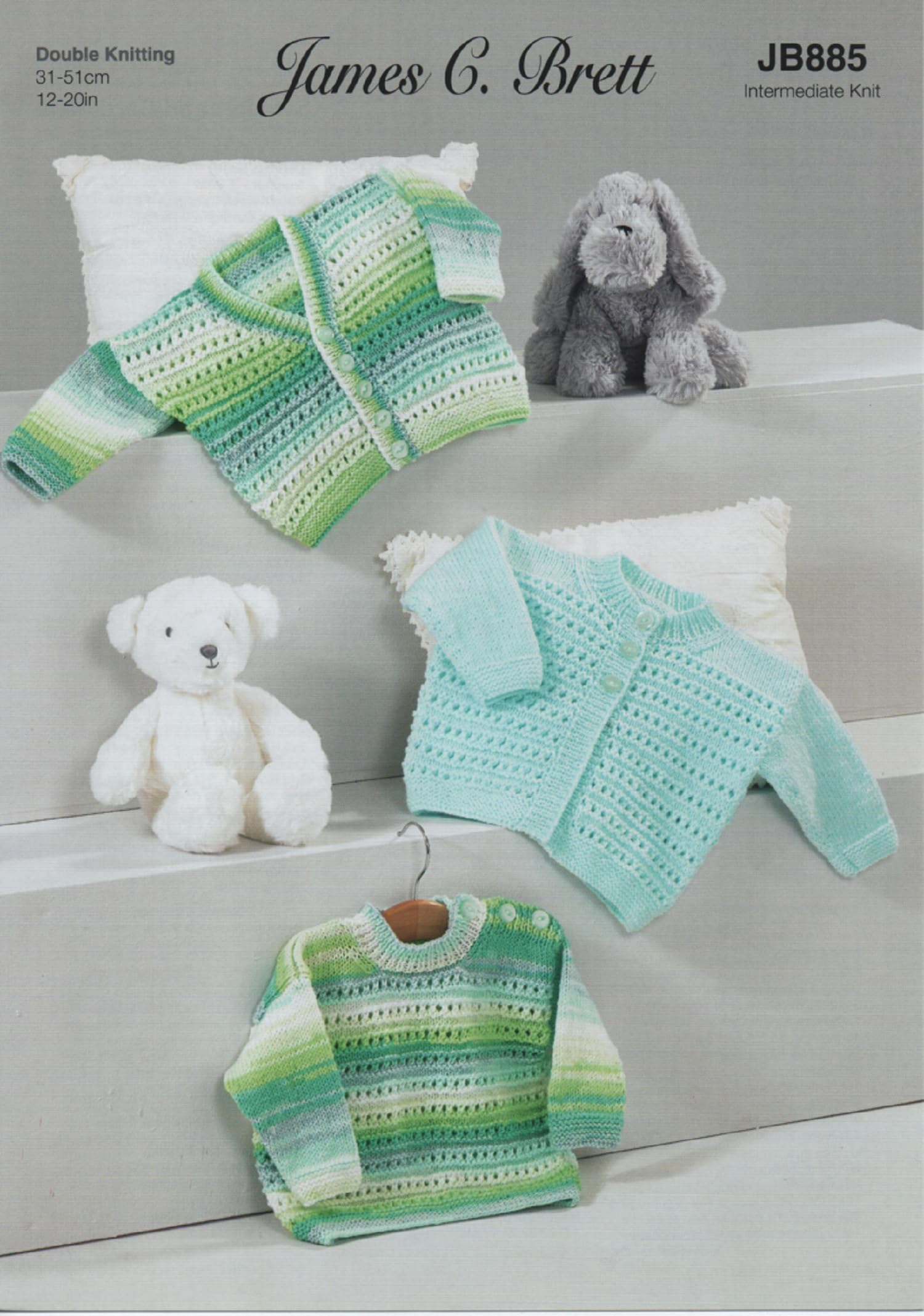 JB885 James Brett Intermediate Double Knitting Pattern Baby Sweater & Cardigan