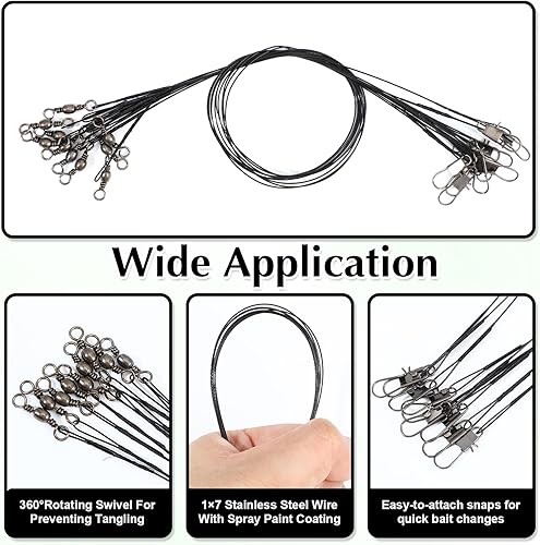 Miniatura 2 de 50 líderes de pesca, líderes de alambre de acero con conectores giratorios y conectores a presión, kit de línea líder de alambre antimordidas de
