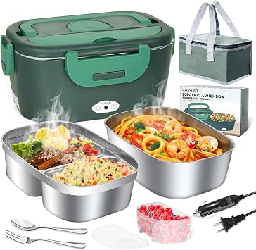 Electric Heated Lunch Box Portable Food Warmer- 80W Fast Heating Lonchera Electrica for Men Women Adults, With Dual 1.5L SS Containers & Accessories for Car/Truck/Office, Leakproof, BPA Free, Green