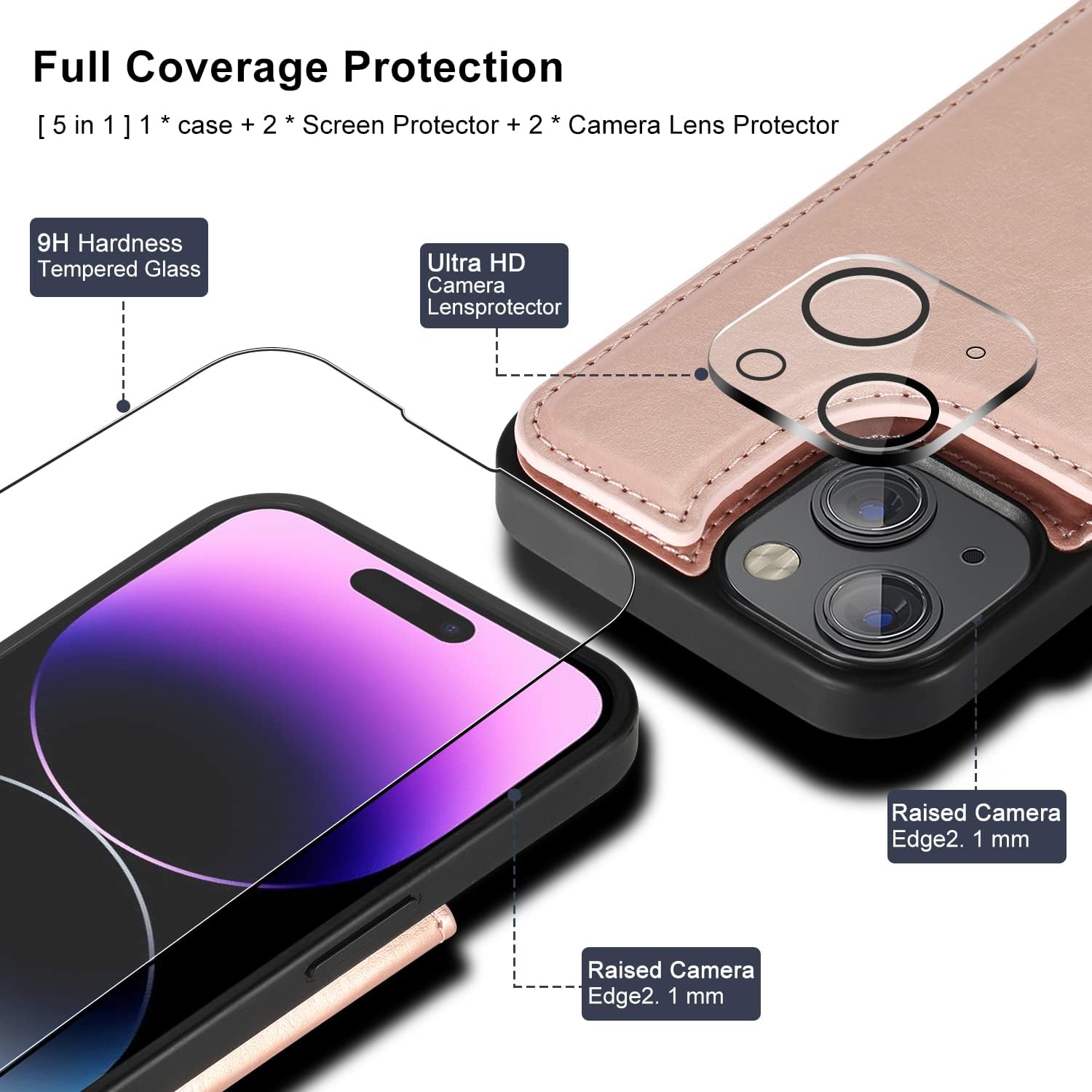 ULuck[5 in 1 for iPhone 14 Wallet Case with Card Holder,2 Screen Protector and Camera Lens Protector,PU Leather Kickstand Case with 5 Card Slot Holder,Double Magnetic Clasp 6.1"[Pink]