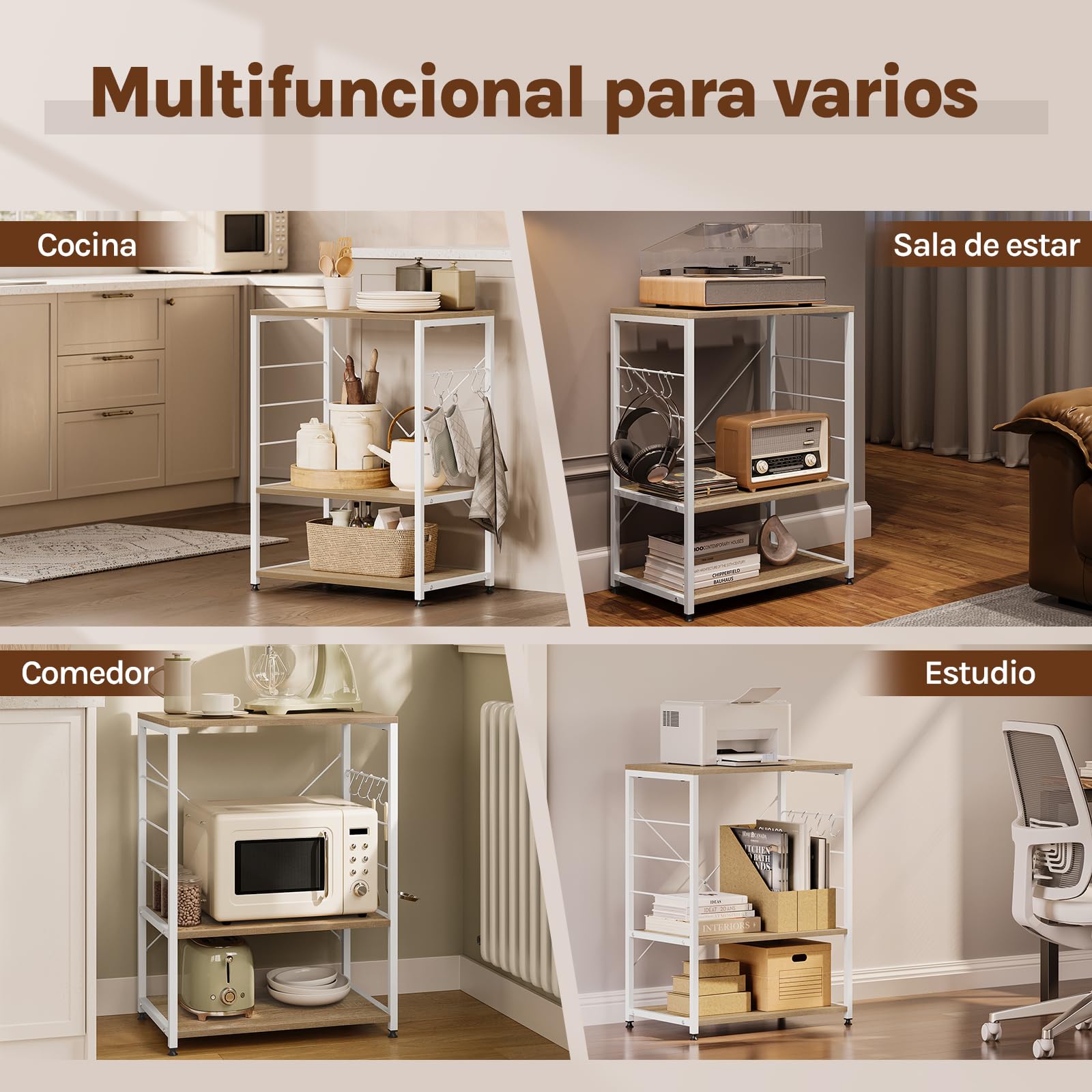 WOLTU Estantería de Cocina de Microondas de Madera y Acero con 3 Estantes 60 x 40 x 82 cm, Blanco + Roble Claro