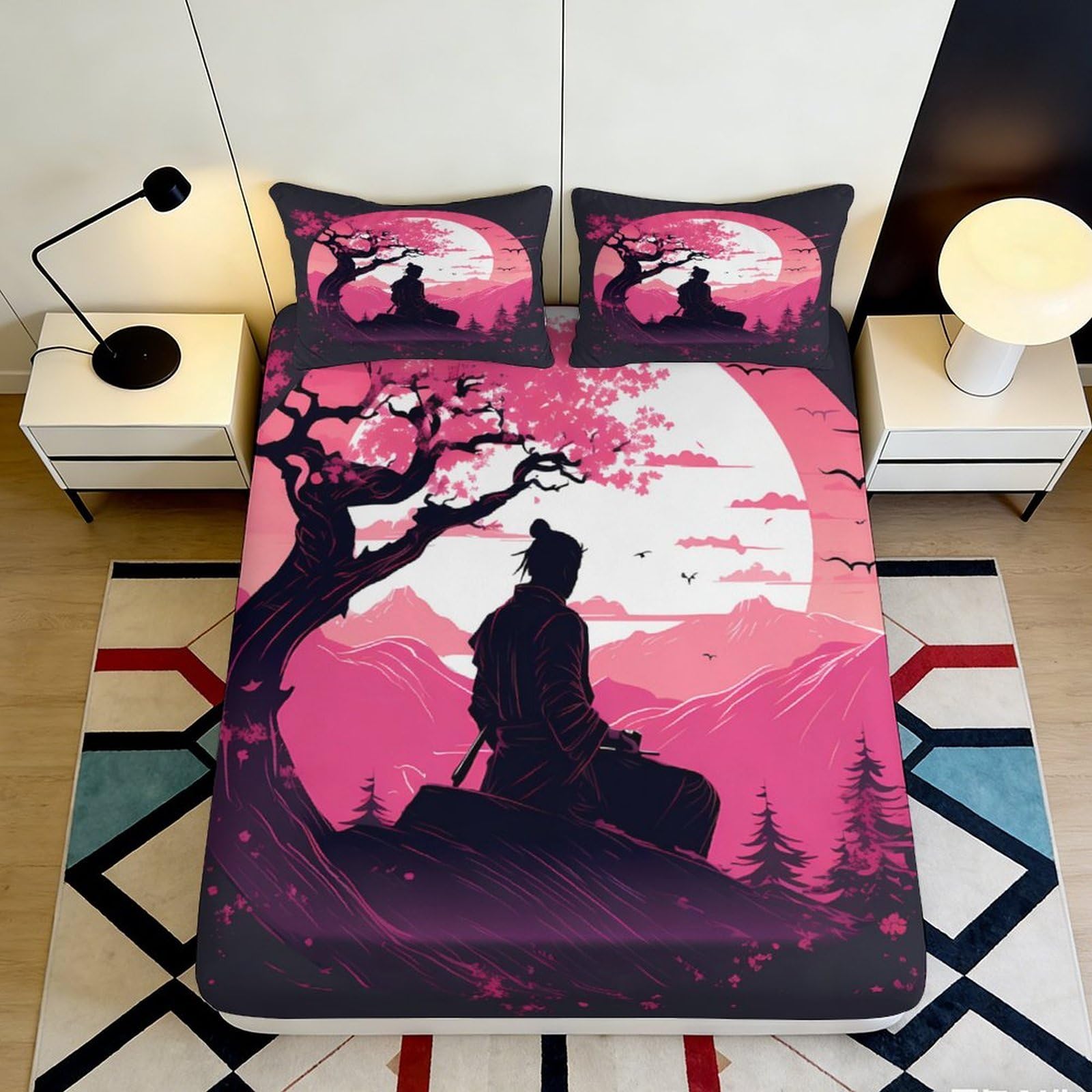 Pnayamiorkfel Style-3 3D Printed Samurai Sunset Fitted Sheet Microfiber Soft Breathable Cherry Blossom Bed Cover For Bedroom Decor 90X200x25cm