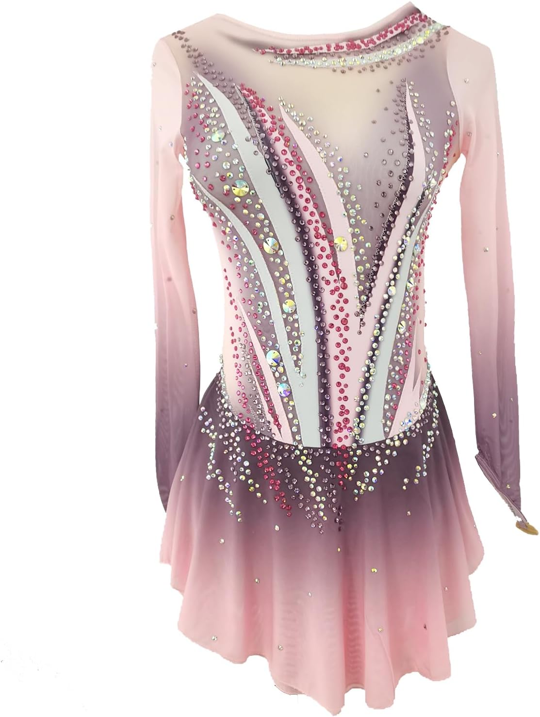 Girl's Pink Gradient Figure Skating Dress Long Sleeved Sparkling Competition Dress