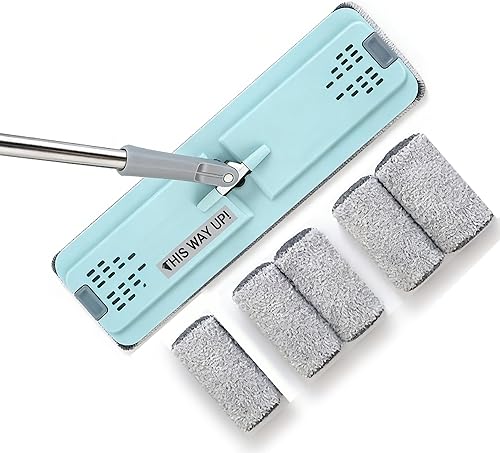 Trapeador de polvo para limpieza de suelos, trapeador plano seco y húmedo con 5 almohadillas, mango ajustable de 29 a 50 pulgadas para madera dura,
